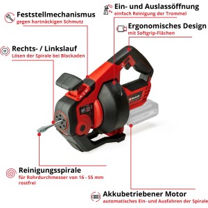 Einhell Akku-Rohrreiniger TE-DA 18/760 Li Solo: Rotes Akkugerät mit Reinigungsspirale für Rohre.