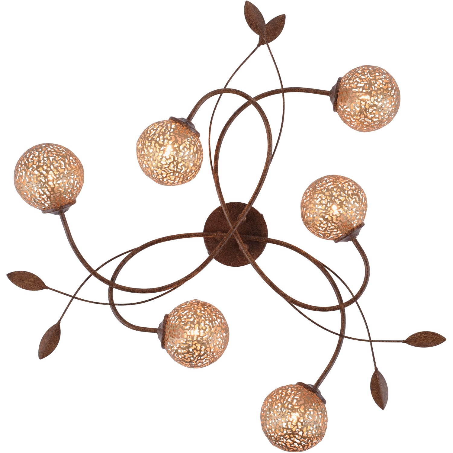 Paul Neuhaus Deckenleuchte Greta, 6-flammig, Rostfarben mit goldenen Leuchtkugeln.