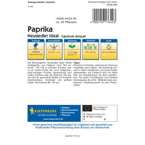 Kiepenkerl Blockpaprika "Neusiedler Ideal" Saatgutpackung mit Infos zu Aussaat und Ernte.