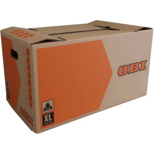 OBI Umzugskarton XL, 126 l, braun mit orangen Flächen und OBI Logo.