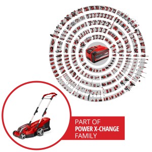 Einhell Akku-Rasenmäher Rasarro 36/36, Teil der Power X-Change Familie, mit Akku im Hintergrund.