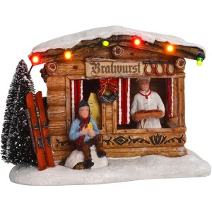 Beleuchteter Weihnachtsmarkt-Stand mit Bratwurst, Skiern und Figuren, batteriebetrieben.