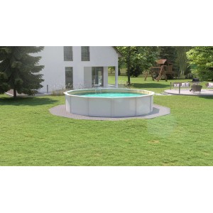 Weißer Steinbach Stahlwandpool Nuovo de Luxe II, Ø 360 cm, mit Leiter im Garten.