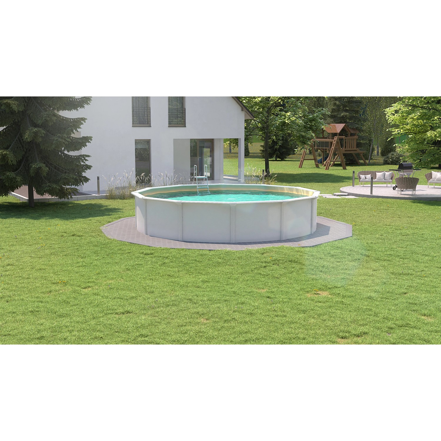 Weißer Steinbach Stahlwandpool Nuovo de Luxe II, Ø 360 cm, mit Leiter im Garten.