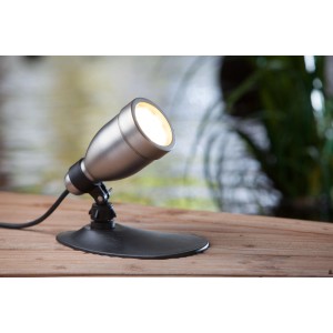 Heissner SMART LIGHT LED-Spot, 9W, Multicolor, für Teich, Pool und Garten. Edelstahlgehäuse auf schwarzem Sockel.