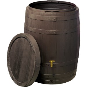 4Rain Regenfass Vino, 400 l, dunkelbraun in Holzoptik mit abnehmbarem Deckel.
