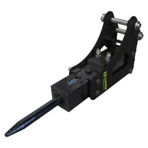 Schwarzer Zipper Abbruchhammer ZI-MBGS850DH für Minibagger. Robuste Baumaschine mit spitzem Meißel für Abbrucharbeiten.