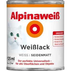 Dose Alpinaweiß Weißlack seidenmatt, 125ml, mit Katzenmotiv.