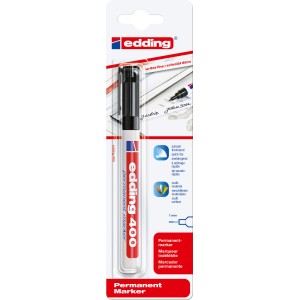 Edding 400 Permanentmarker, rot-weißer Stift mit schwarzer Kappe in Blisterverpackung.