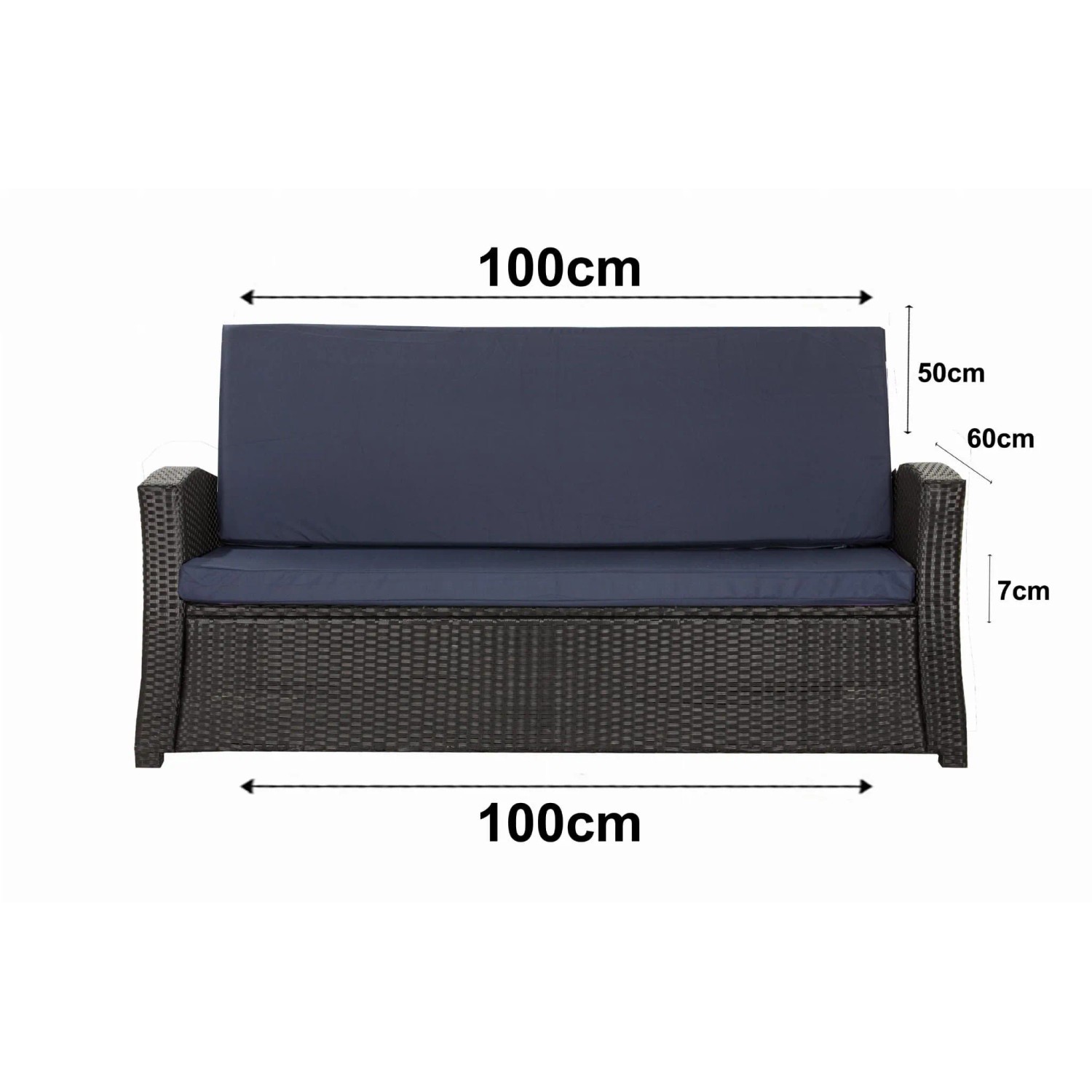 Marineblaues Gartenkissen-Set für 2-Sitzer Polyrattan-Gartensofa, 100x60x50 cm.