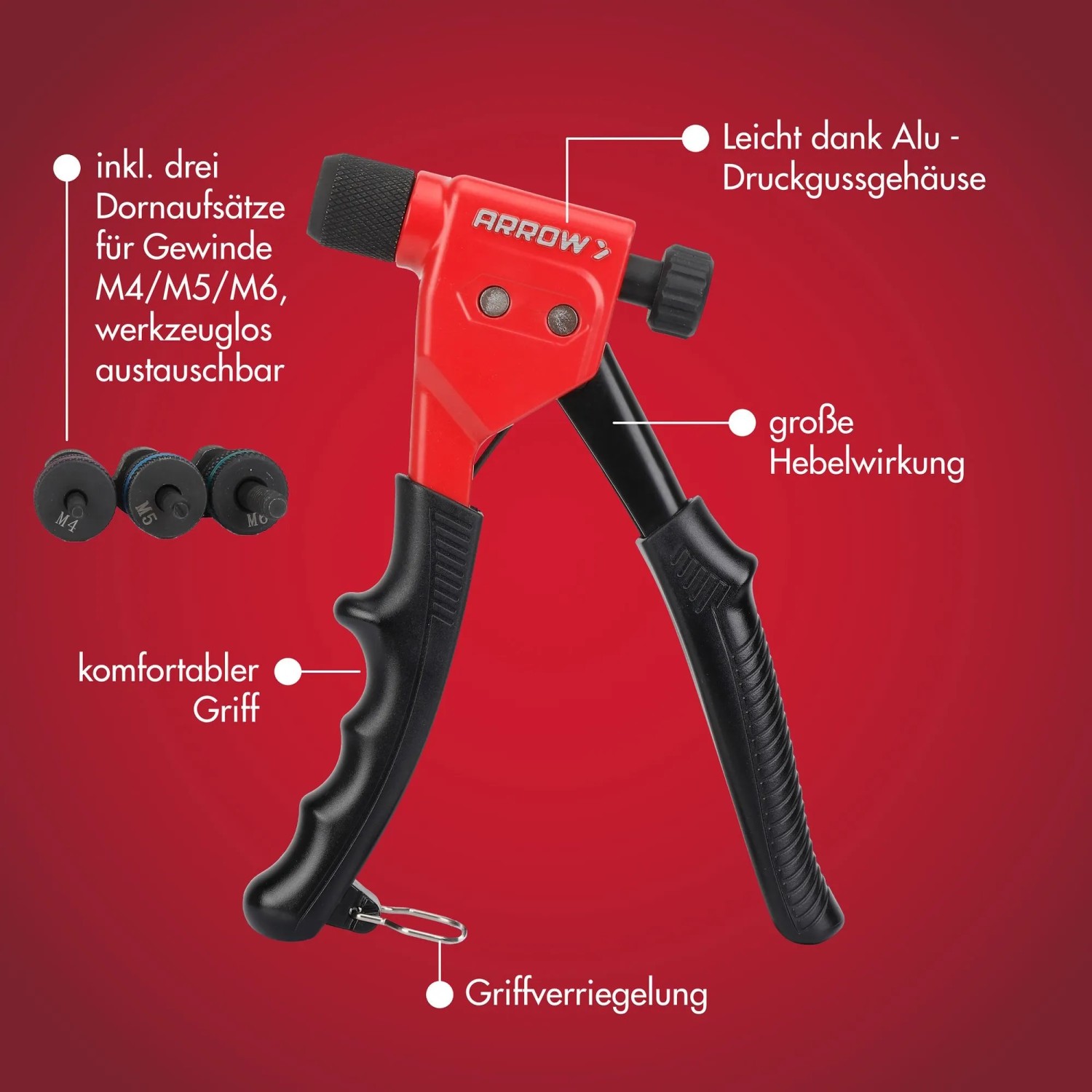 Arrow Nietmutternzange RNT1 im Set: Robuste Zange mit Alu-Gehäuse, Dornaufsätze und Bohrer im Koffer.