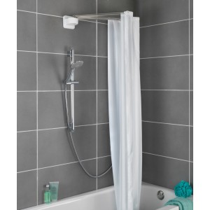 Wenko Duschschirm mit 12 Armen aus Edelstahl und weißem Duschvorhang in Badezimmerumgebung.