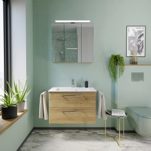 Pelipal Badmöbel-Set Trentino in Riviera Eiche mit Waschbecken, Unterschrank und Spiegelschrank.