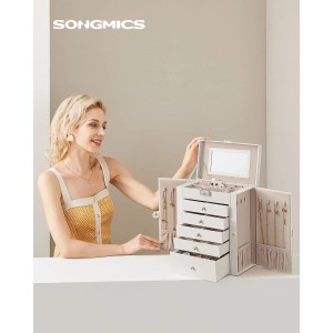 Songmics Schmuckkasten Bridie, 6 Ebenen, weiß-beige, mit Frau. Aufbewahrungsbox für Schmuck.