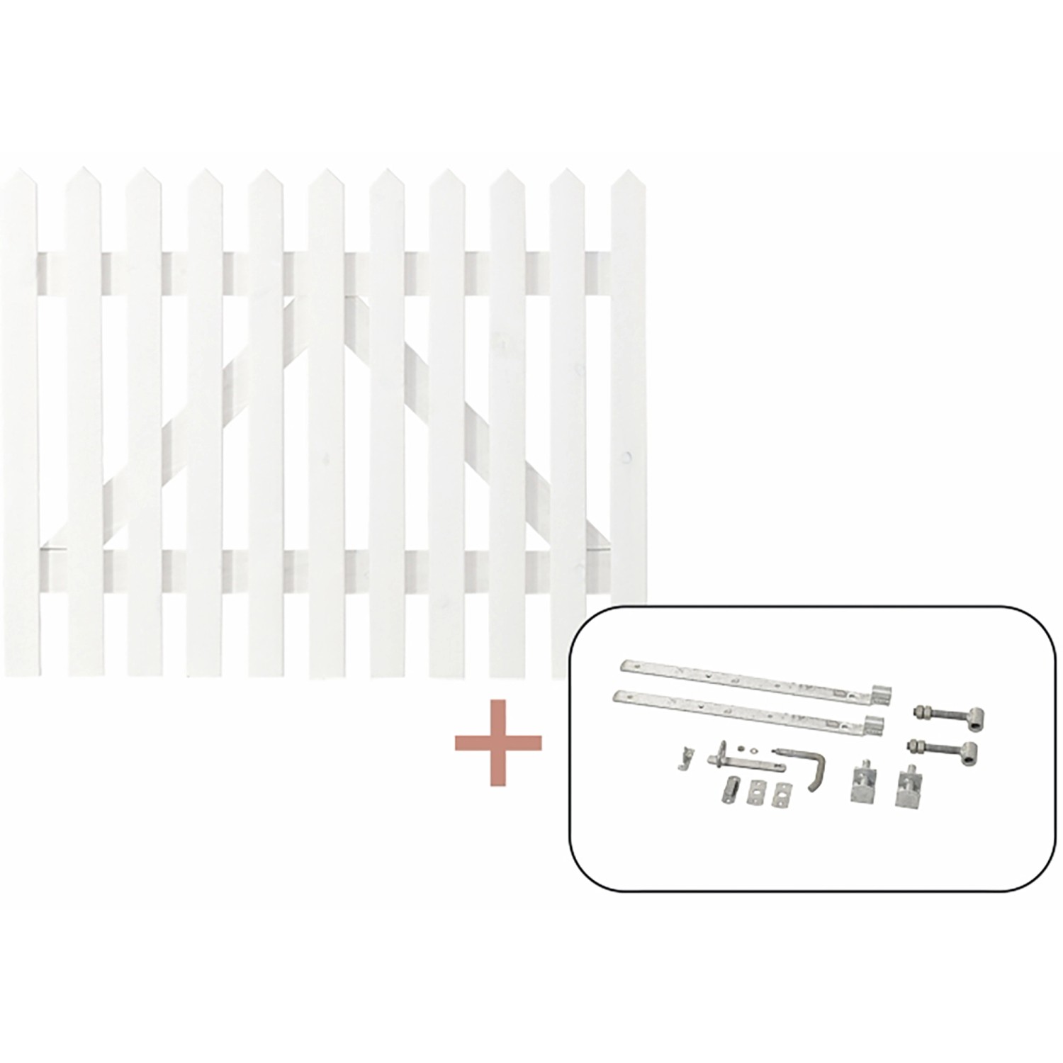 Weißes Einzeltor Skagen Lux aus Nadelholz, 100x80 cm, mit Beschlägen für Gartenzäune.