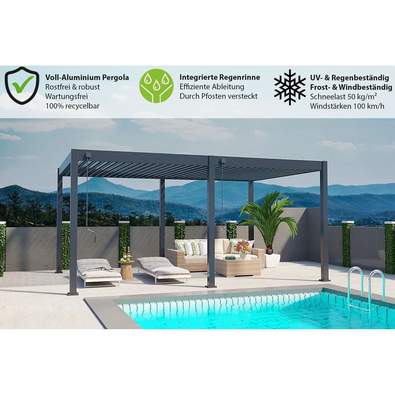 Anthrazit Weide Deluxe Aluminium Terrassenüberdachung 3,6x5,3m mit verstellbaren Lamellen am Pool.