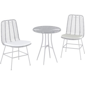 Balkonmöbel-Set: Zwei graue Yunta Stühle mit Sitzkissen und ein runder Tisch.