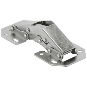 Hettich Aufschraubscharnier mit Feder, silberfarben, für Möbelbau ohne Topfbohrung.