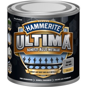 Dose Hammerite Ultima Metallschutzlack, glänzend, Silber, 250ml. Rostschutz, Grundierung und Lack in einem.