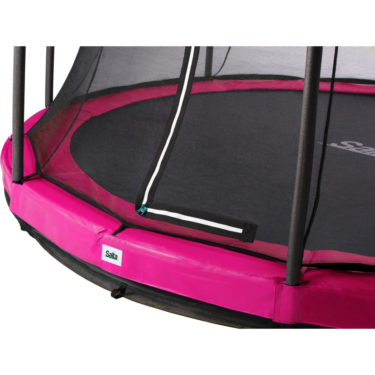 Detailansicht: Pinkes Salta Comfort Edition Ground Trampolin (ø 213 cm) mit Sicherheitsnetz.