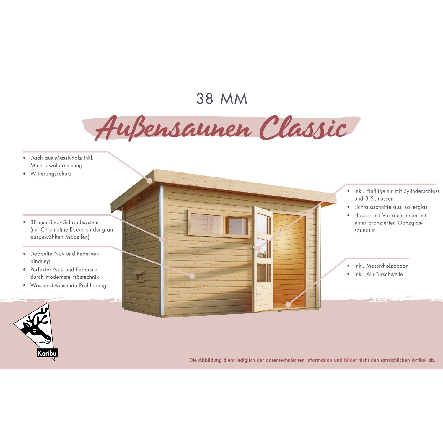 Karibu Saunahaus Hendrik 3 mit Ofen und externer Steuerung, naturbelassenes Holz mit Glastür.