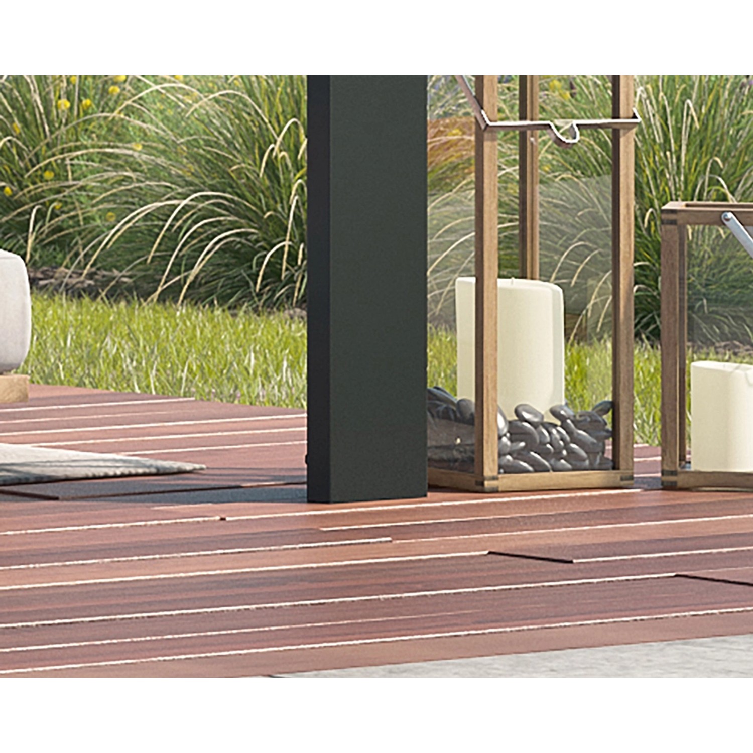 Detailansicht: Anthrazitfarbener Palram Canopia Dallas Gartenpavillon mit Deko-Laternen auf Holzterrasse.