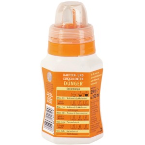 Compo Kakteendünger 250ml: Flüssigdünger für Kakteen und Sukkulenten im weißen Behälter mit Dosierkappe.