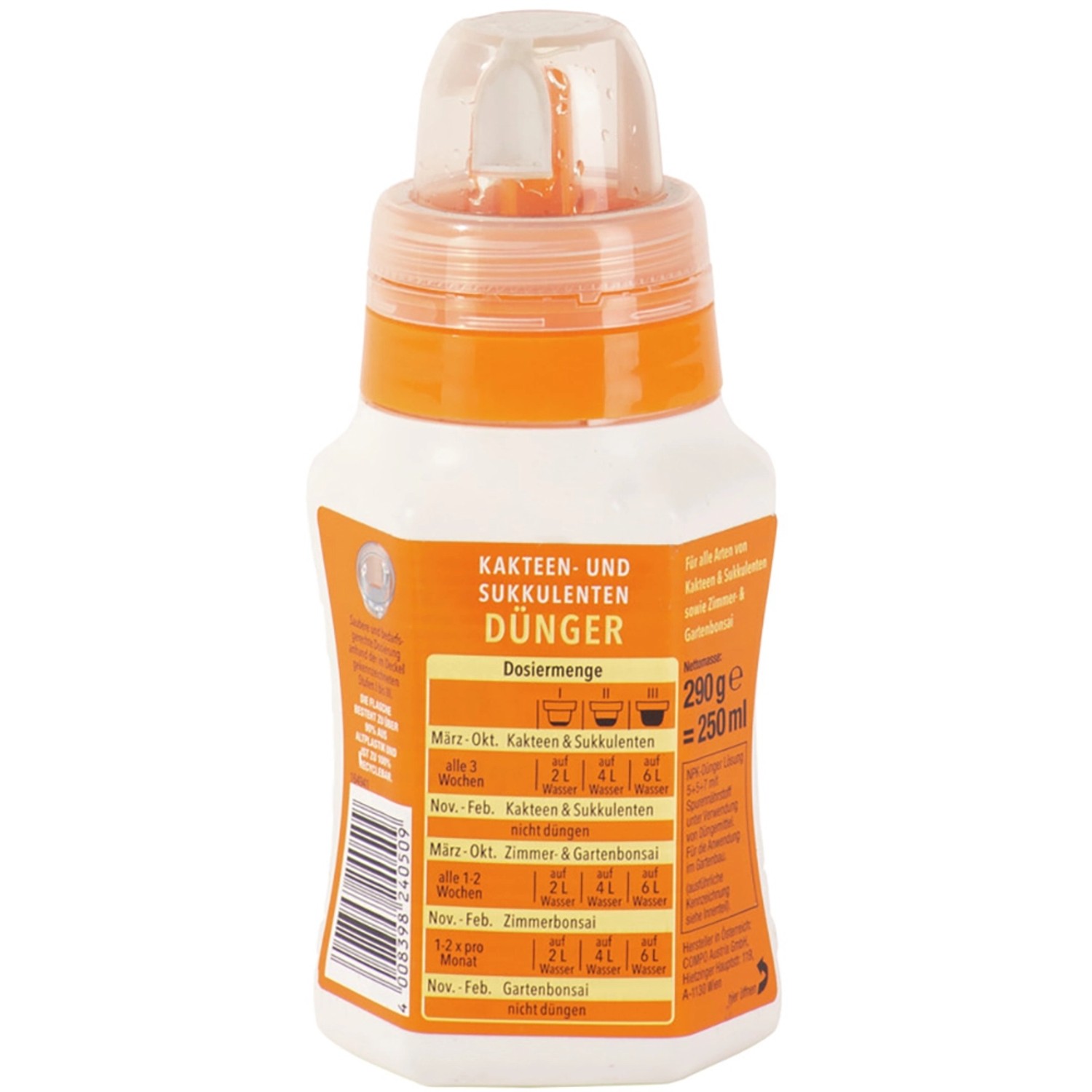 Compo Kakteendünger 250ml: Flüssigdünger für Kakteen und Sukkulenten im weißen Behälter mit Dosierkappe.