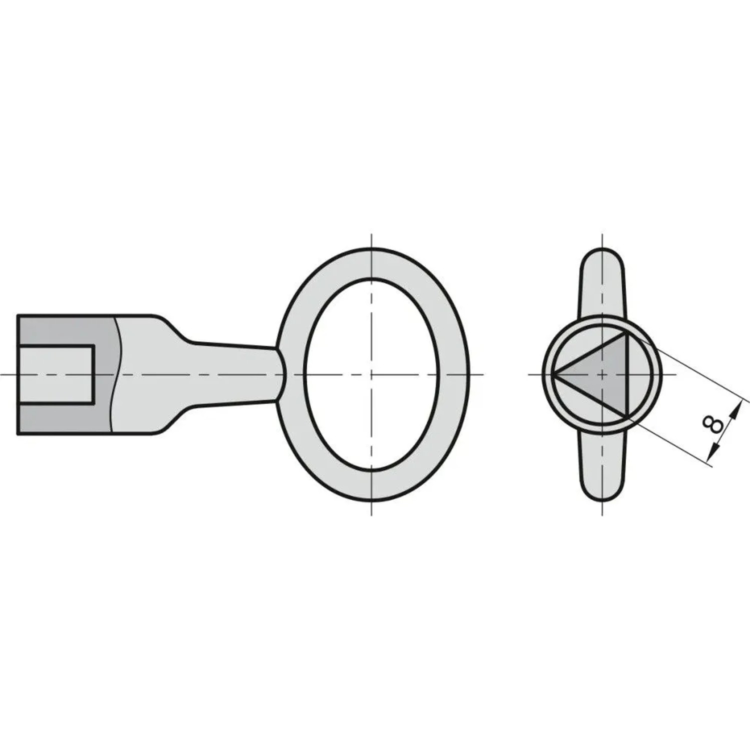 Basi Dreikant-Dornschlüssel 8mm. Technische Zeichnung mit Seiten- und Frontansicht für Absperrpfosten.