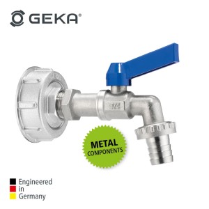 GEKA plus IBC Adapter Set mit Kugelauslaufventil und blauem Griff für Regentonnen.