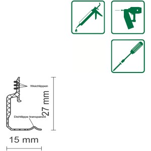 Schema der FN Neuhofer Befestigungsschiene Click-Fix 23 D1 mit Dichtlippe und Maßen.