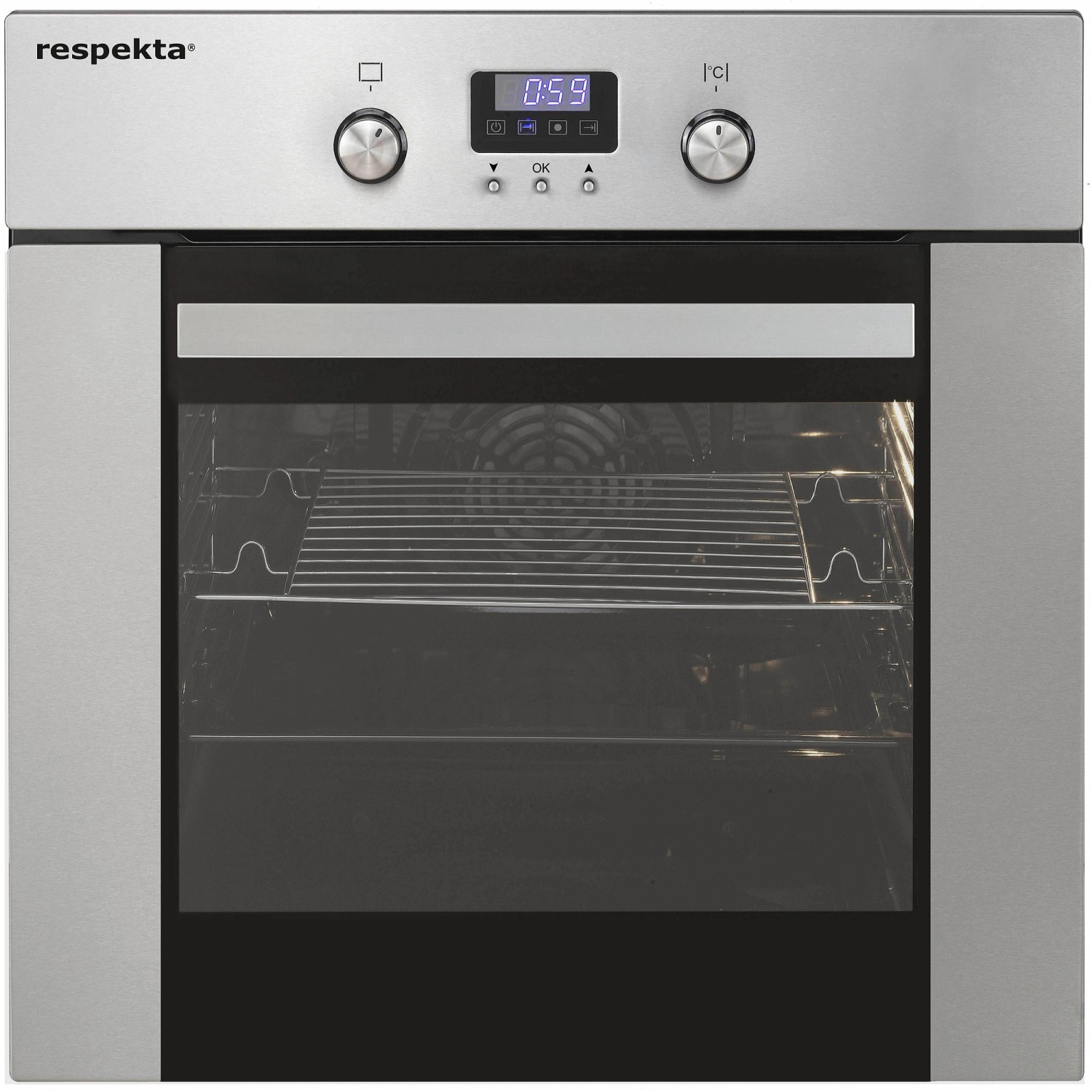 Respekta Einbaubackofen aus der Premium Küchenzeile, silberfarben mit digitaler Anzeige.
