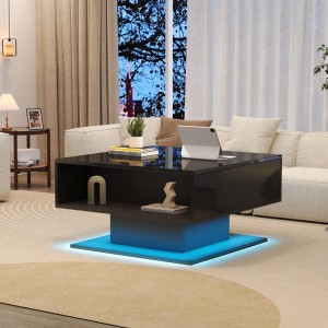 Schwarzer Hochglanz Couchtisch mit hydraulischem Aufzug, Stauraum und blauer LED-Beleuchtung im Wohnzimmer.
