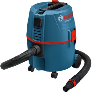 Bosch Professional GAS 20 LSFC Nass- und Trockensauger mit blauem Gehäuse und Zubehör.