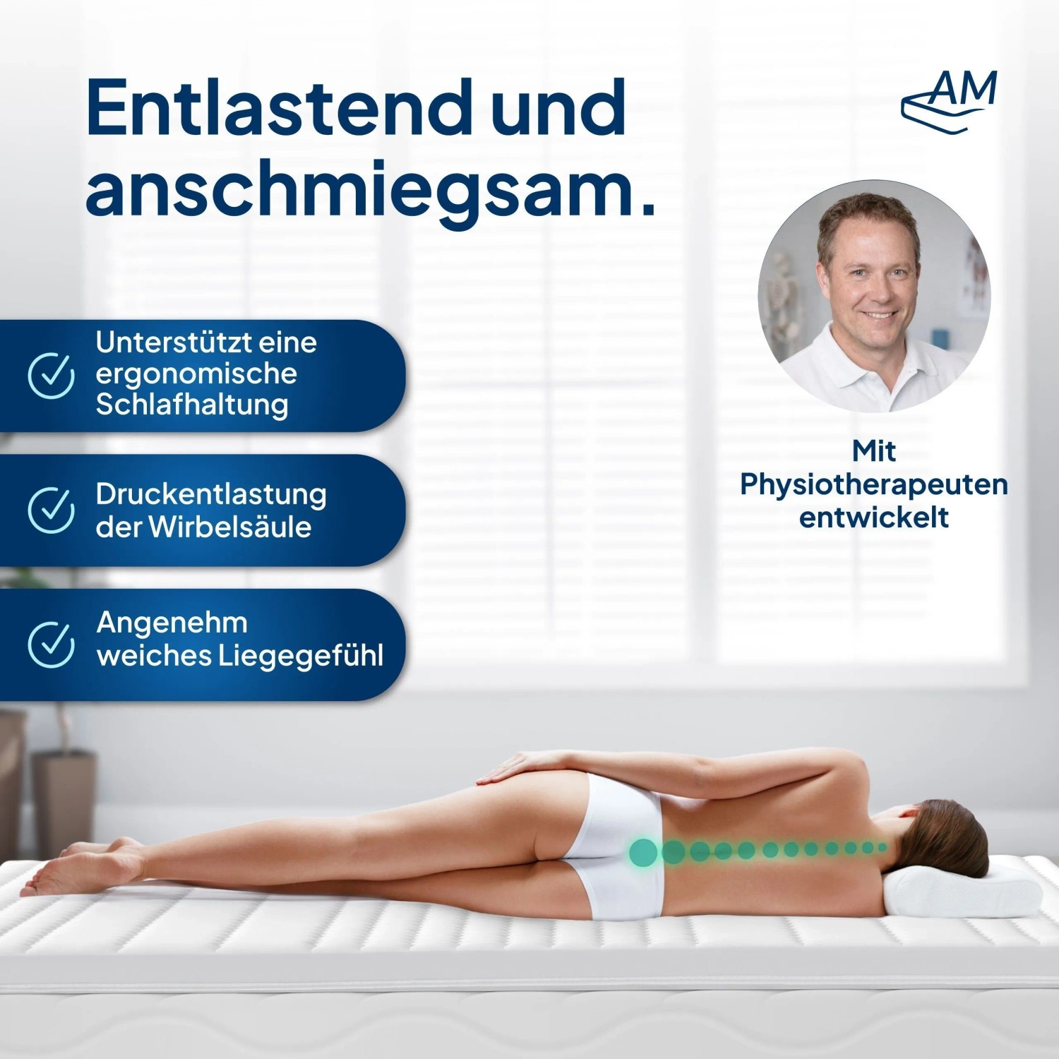 Frau liegt seitlich auf AM Gelschaum Topper. Er entlastet die Wirbelsäule, unterstützt ergonomische Schlafhaltung. Mit Physiotherapeuten entwickelt.