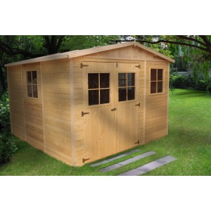 Timbela Holz-Gartenhaus M335+M335G, 9 m², mit Fenstern und Boden im Garten.