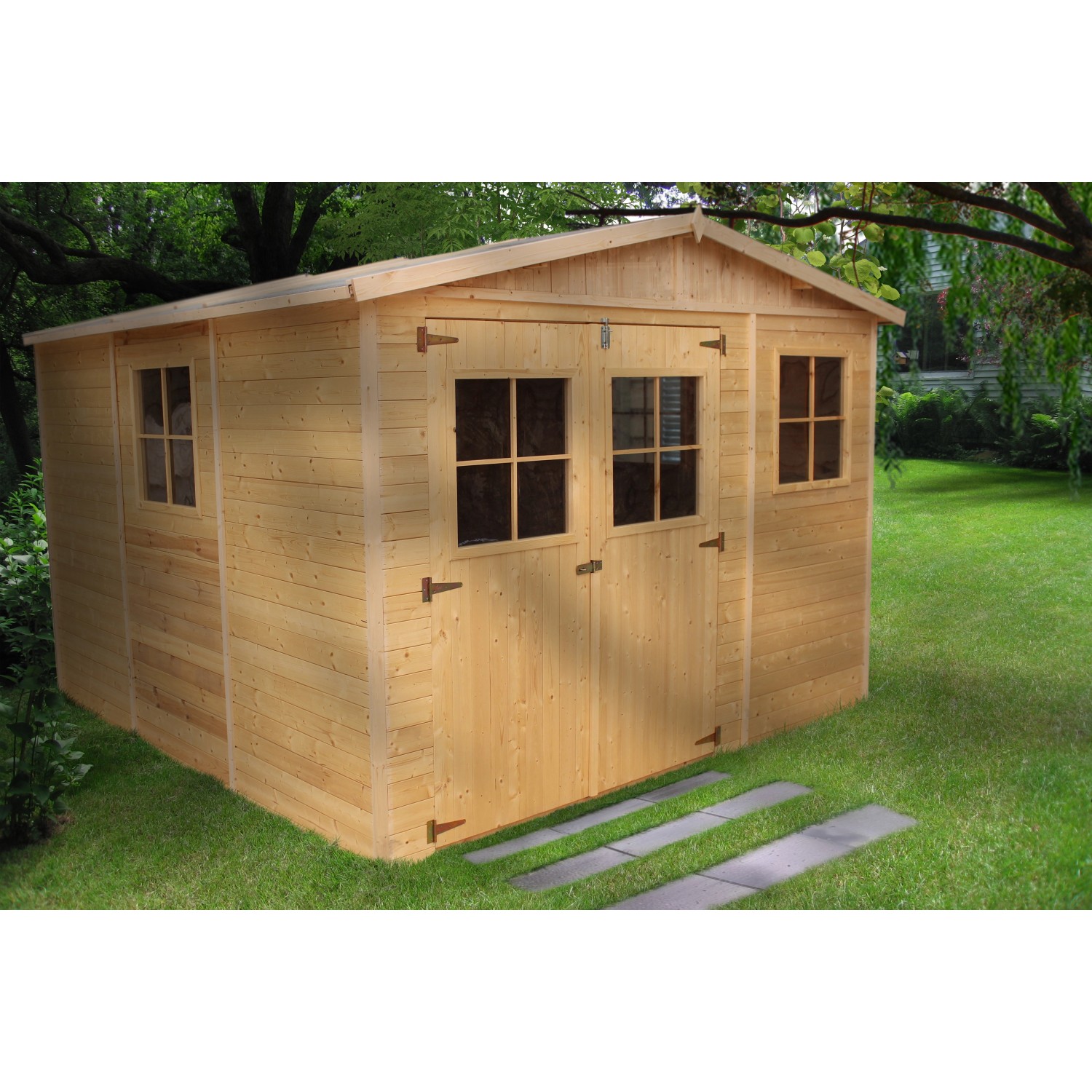 Timbela Holz-Gartenhaus M335+M335G, 9 m², mit Fenstern und Boden im Garten.