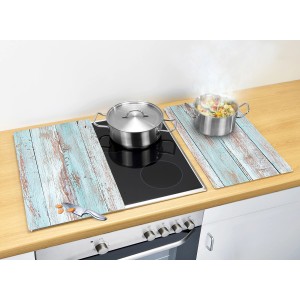Allstar Glasabdeckplatten Blue Wood 2er-Set auf Herd mit Töpfen und Zutaten.