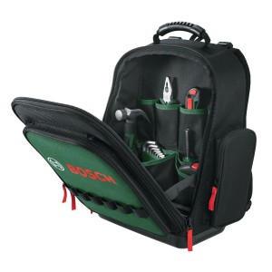 Offener Bosch Werkzeugrucksack, 60-teiliges DIY Set mit Werkzeugen wie Hammer, Zange und Schraubenschlüssel.