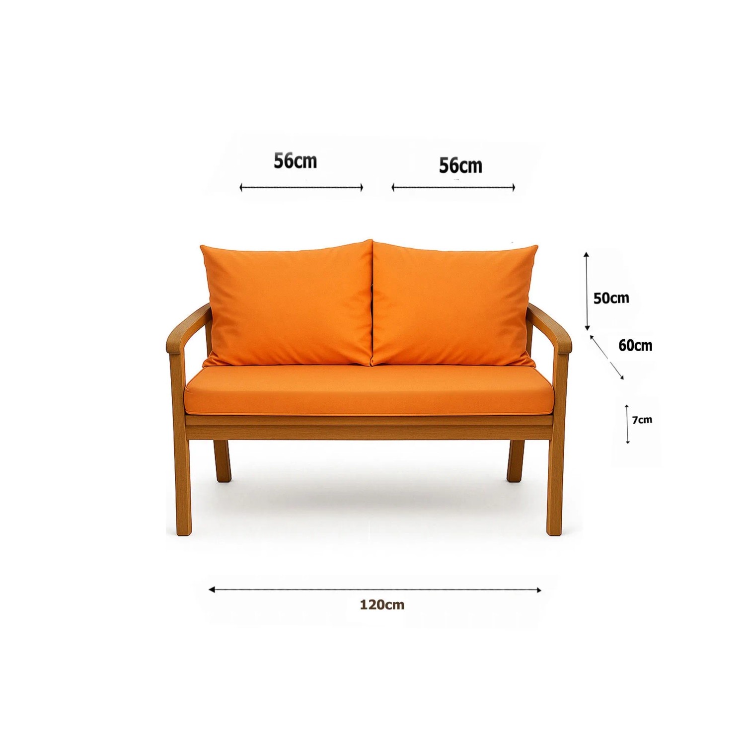 Orangefarbenes Gartenbank Kissen Set: Bankauflage 120x60 cm + 2 Rückenkissen für 2-Sitzer Bänke.