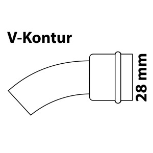 Abbildung eines 45° Kupfer Pressfitting Bogen, 28 mm, mit einer Muffe, für Sanitär- und Heizungsinstallationen.