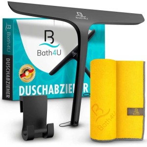 Bath4U Profi Duschabzieher Set mit Mikrofasertuch und Halterung aus Edelstahl und Silikon.