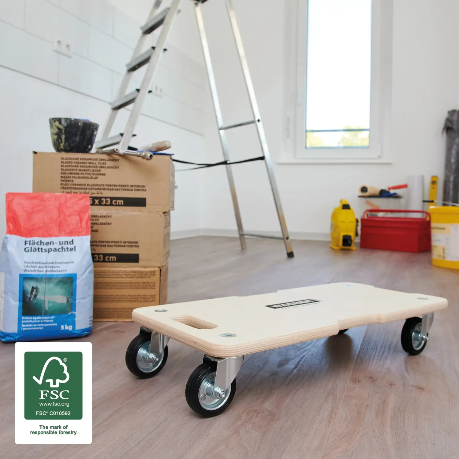 Wagner Transporthilfe 1327 mit 300 kg Tragkraft, Holzbrett mit Rollen. FSC®-zertifiziert.