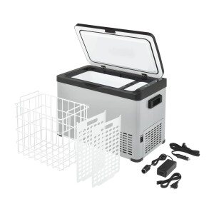 AEG Kompressor-Kühlbox KK 30 (30 l) in Grau-Schwarz mit Zubehör, Deckel geöffnet.