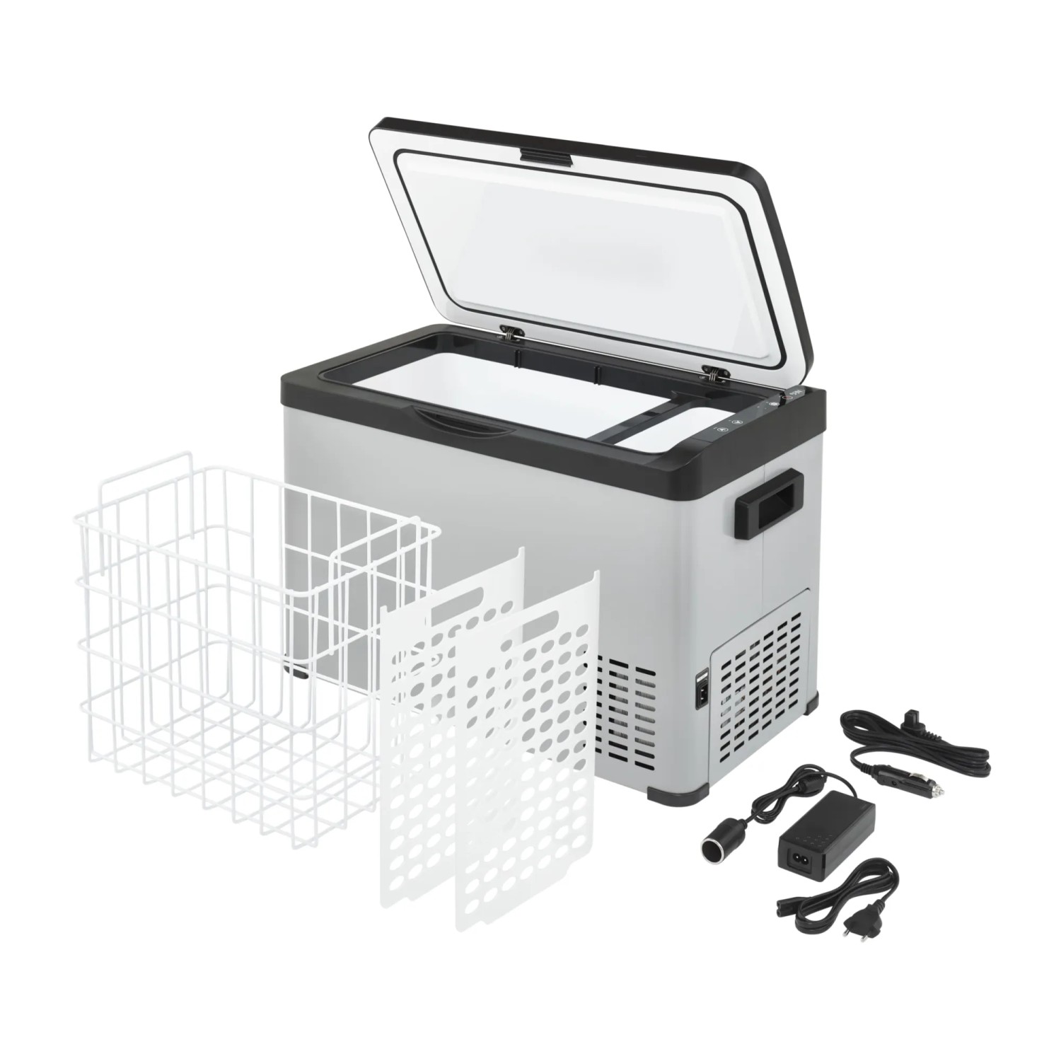 AEG Kompressor-Kühlbox KK 30 (30 l) in Grau-Schwarz mit Zubehör, Deckel geöffnet.
