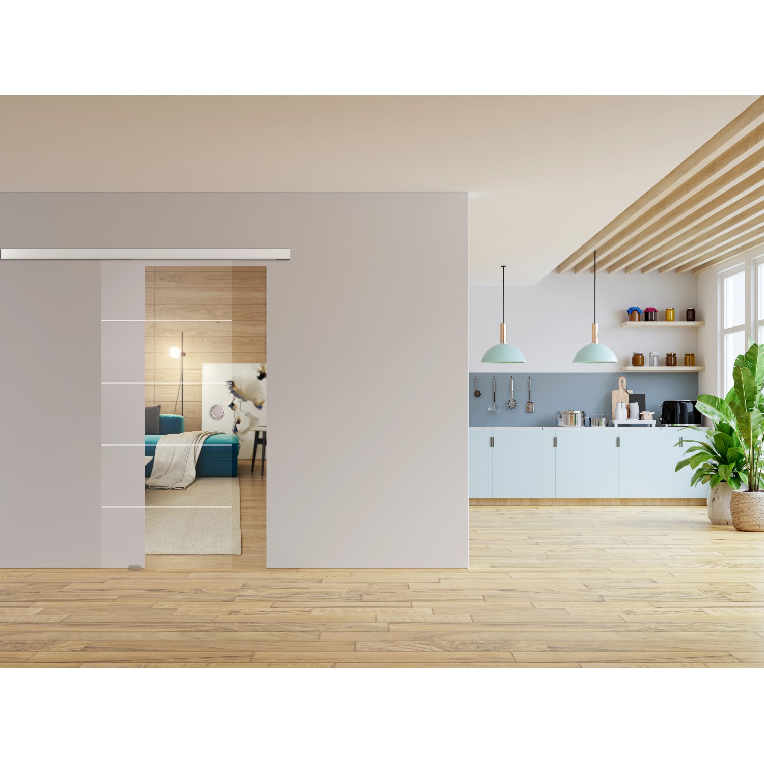 Novadoors Glasschiebetür Nova 582 Klar mit Laserstreifen, 93,5x205,8 cm, 8 mm stark.