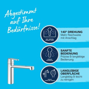 Grohe QuickFix Küchenarmatur Get, Chrom, mit mittelhohem, schwenkbarem Auslauf (140°).