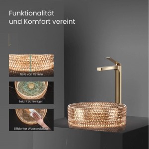 Rundes Emke Aufsatzwaschbecken aus roségoldenem, strukturiertem Glas mit passender Armatur im modernen Bad.