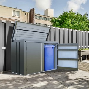 Floraworld Mülltonnenbox Premium für 3 Tonnen in Schwarz-Metallic mit geöffneter Tür und Mülltonne.