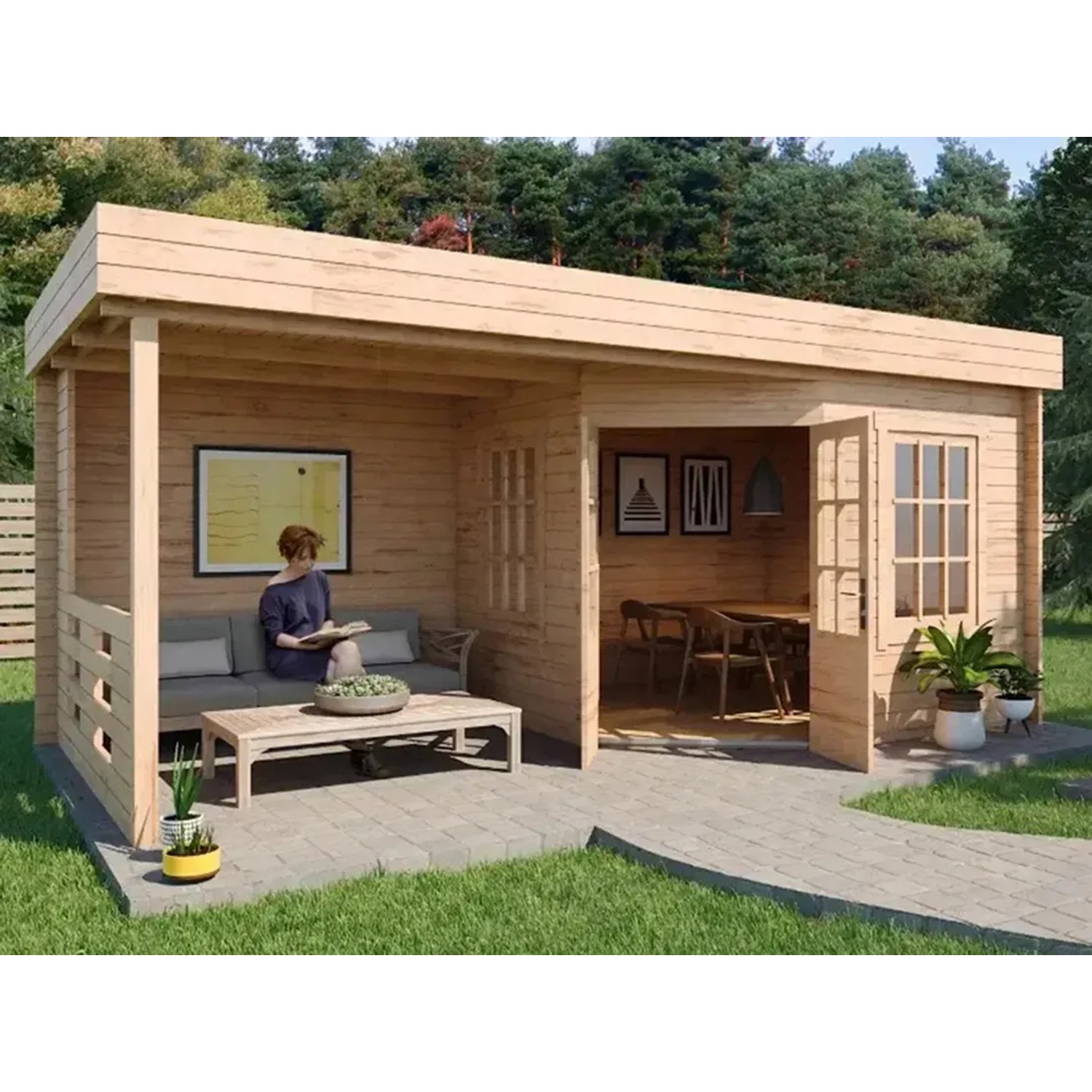 Carlsson Gartenhaus Hanna-40 aus Holz mit überdachter Terrasse und Flachdach. Unbehandeltes Holz.